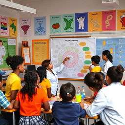 A vibrant classroom scene where students actively engage in learning about biological concepts and their impact on well-being