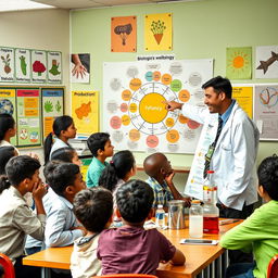 A vibrant classroom scene where students actively engage in learning about biological concepts and their impact on well-being