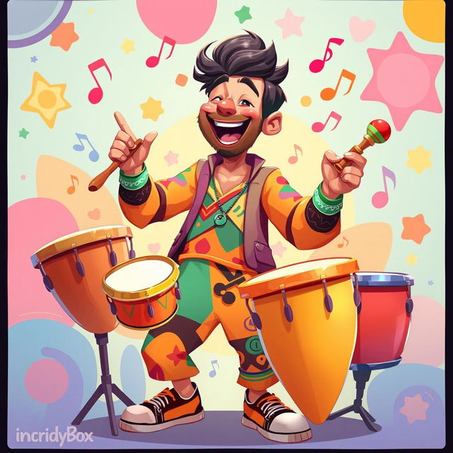 A vibrant 2D illustration of a man joyfully playing a variety of percussion instruments, inspired by the playful art style of the game IncredyBox