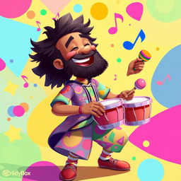 A vibrant 2D illustration of a man joyfully playing a variety of percussion instruments, inspired by the playful art style of the game IncredyBox