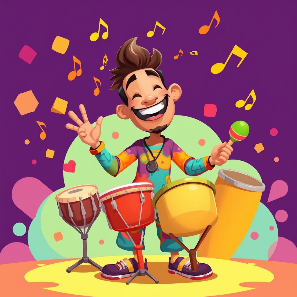 A vibrant 2D illustration of a man joyfully playing a variety of percussion instruments, inspired by the playful art style of the game IncredyBox