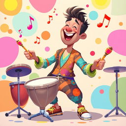 A vibrant 2D illustration of a man joyfully playing a variety of percussion instruments, inspired by the playful art style of the game IncredyBox