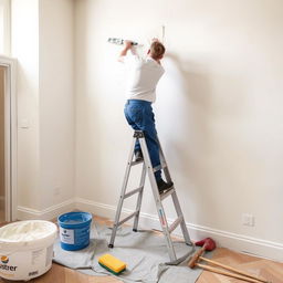 A professional plasterer meticulously applying a smooth layer of plaster to a wall in a well-lit room