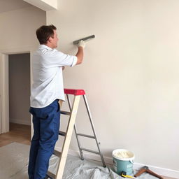 A professional plasterer meticulously applying a smooth layer of plaster to a wall in a well-lit room