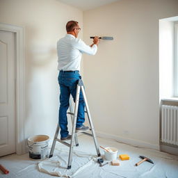 A professional plasterer meticulously applying a smooth layer of plaster to a wall in a well-lit room