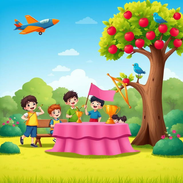 An illustration of a cheerful park scene filled with children at play