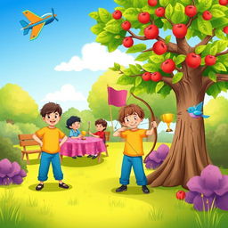 An illustration of a cheerful park scene filled with children at play