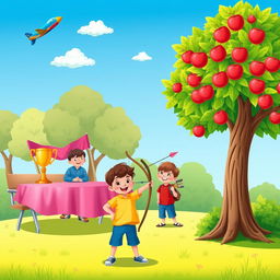 An illustration of a cheerful park scene filled with children at play