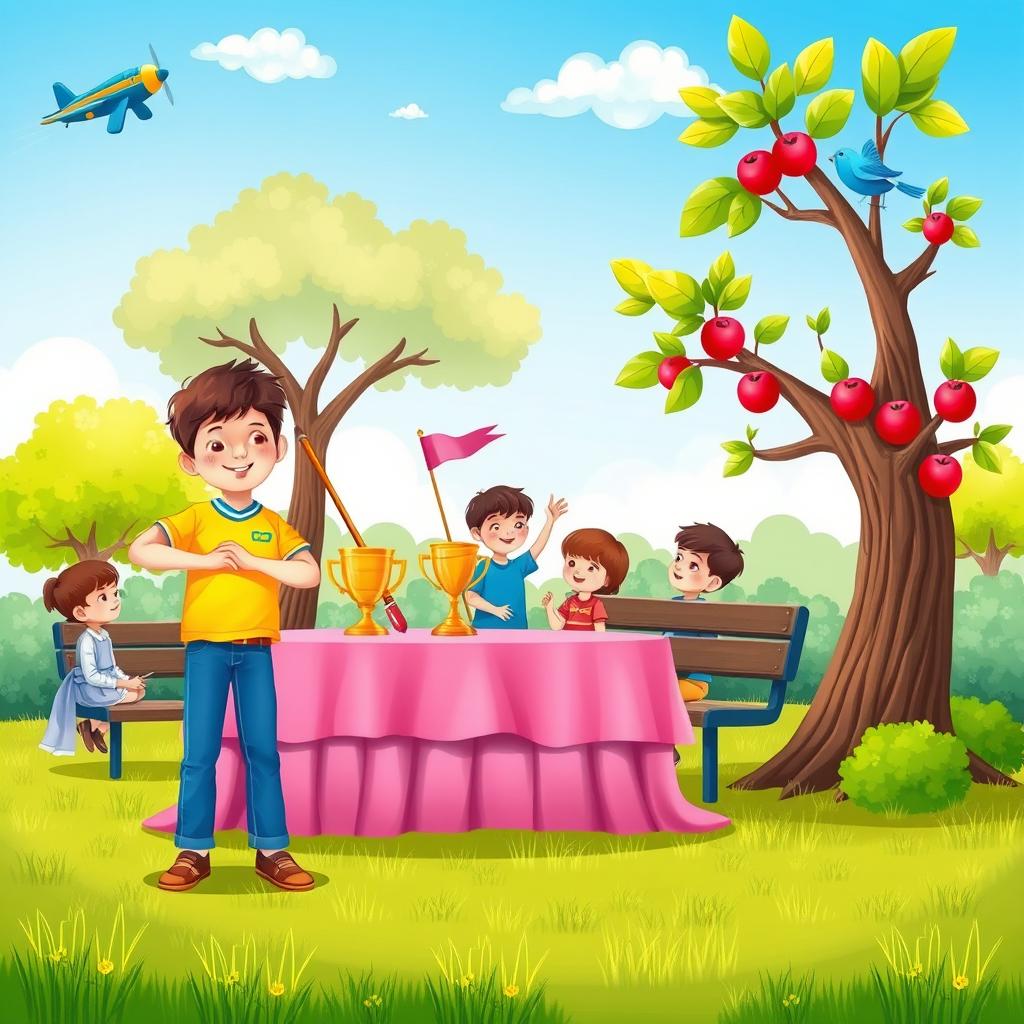 An illustration of a cheerful park scene filled with children at play