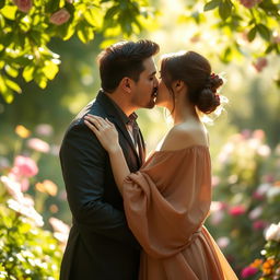 A romantic scene featuring a couple intimately kissing in a lush garden filled with blooming flowers