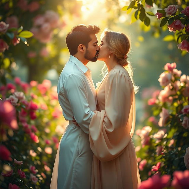 A romantic scene featuring a couple intimately kissing in a lush garden filled with blooming flowers