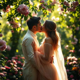 A romantic scene featuring a couple intimately kissing in a lush garden filled with blooming flowers