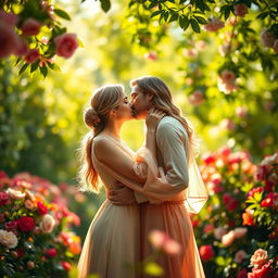 A romantic scene featuring a couple intimately kissing in a lush garden filled with blooming flowers