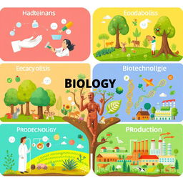 A vibrant, educational illustration depicting various biological concepts: Hygiene, Ecology, Food Metabolism, Biotechnology, Disease Prevention, Heredity, and Production