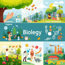 A vibrant, educational illustration depicting various biological concepts: Hygiene, Ecology, Food Metabolism, Biotechnology, Disease Prevention, Heredity, and Production