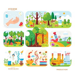 A vibrant, educational illustration depicting various biological concepts: Hygiene, Ecology, Food Metabolism, Biotechnology, Disease Prevention, Heredity, and Production