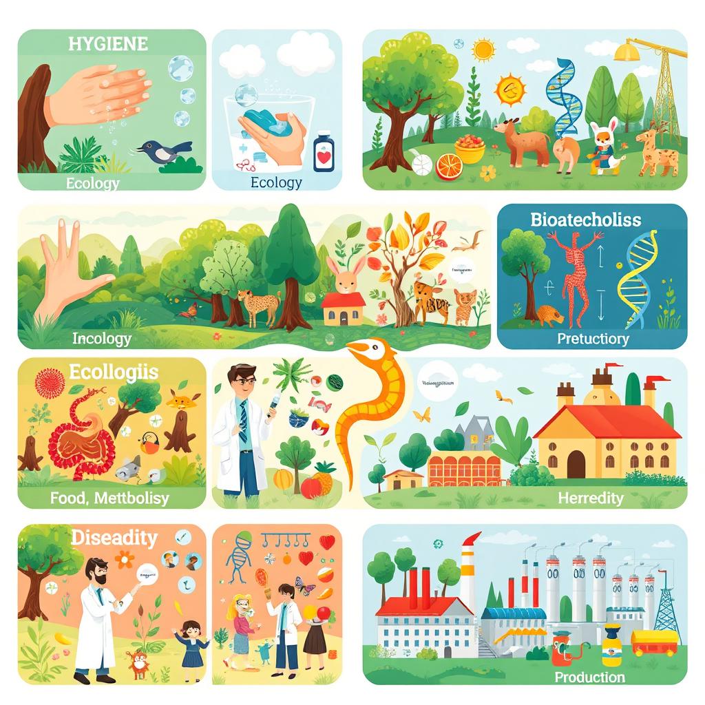 A vibrant, educational illustration depicting various biological concepts: Hygiene, Ecology, Food Metabolism, Biotechnology, Disease Prevention, Heredity, and Production