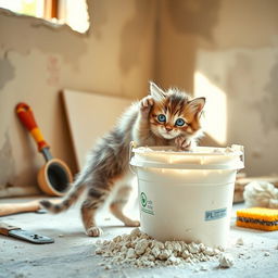 A playful scene of a cute kitten curiously interacting with a bucket of plaster in a construction setting