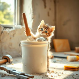 A playful scene of a cute kitten curiously interacting with a bucket of plaster in a construction setting