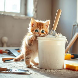 A playful scene of a cute kitten curiously interacting with a bucket of plaster in a construction setting