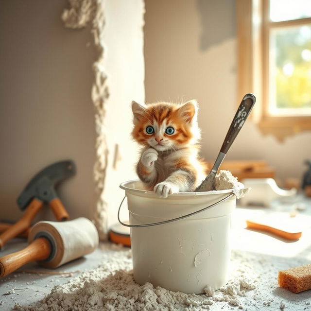 A playful scene of a cute kitten curiously interacting with a bucket of plaster in a construction setting