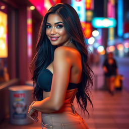 A hot and beautiful woman with an attractive figure, showcasing her curves in a stylish outfit