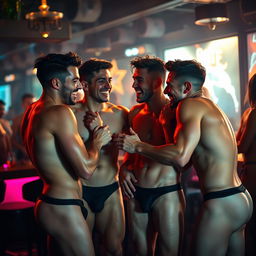 A lively scene featuring several attractive, scantily clad young men displaying passion and chemistry with each other