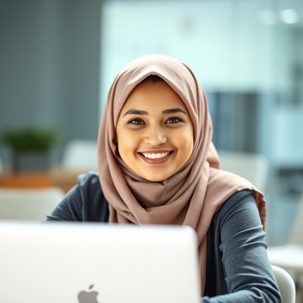 A professional headshot of a young woman with a cute face wearing a hijab, sitting in front of a laptop