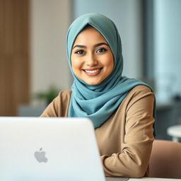 A professional headshot of a young woman with a cute face wearing a hijab, sitting in front of a laptop