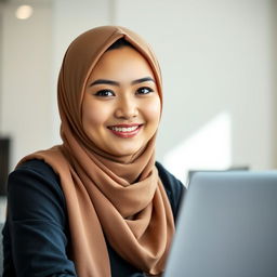A professional headshot of a young woman with a cute face wearing a hijab, sitting in front of a laptop
