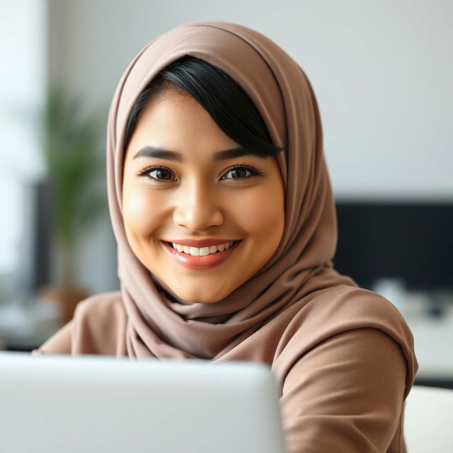 A professional headshot of a young woman with a cute face wearing a hijab, sitting in front of a laptop