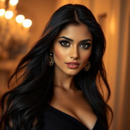 A captivating portrait of a glamorous Bollywood actress embodying elegance and allure, with emphasis on her stunning features and fashionable ensemble