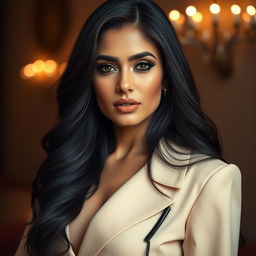 A captivating portrait of a glamorous Bollywood actress embodying elegance and allure, with emphasis on her stunning features and fashionable ensemble
