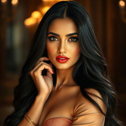 A captivating portrait of a glamorous Bollywood actress embodying elegance and allure, with emphasis on her stunning features and fashionable ensemble