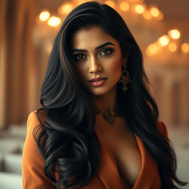 A captivating portrait of a glamorous Bollywood actress embodying elegance and allure, with emphasis on her stunning features and fashionable ensemble