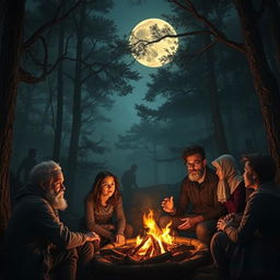 A captivating and mysterious scene depicting an ancient legend being told around a flickering campfire in a dark forest