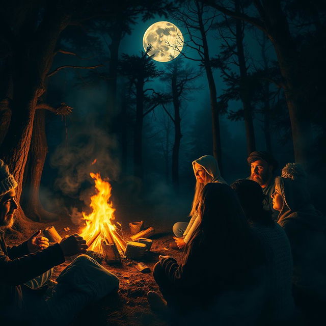 A captivating and mysterious scene depicting an ancient legend being told around a flickering campfire in a dark forest