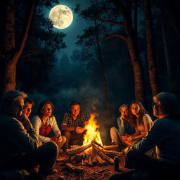A captivating and mysterious scene depicting an ancient legend being told around a flickering campfire in a dark forest