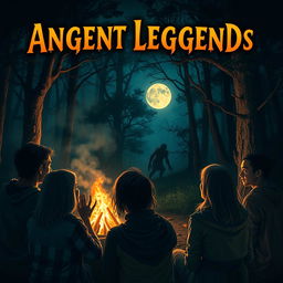 A captivating and mysterious scene depicting an ancient legend being told around a flickering campfire in a dark forest