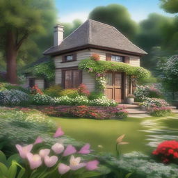 A high-quality digital art piece, showcasing an aesthetic cottage nestled amidst lush greenery