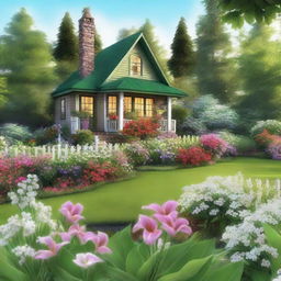 A high-quality digital art piece, showcasing an aesthetic cottage nestled amidst lush greenery