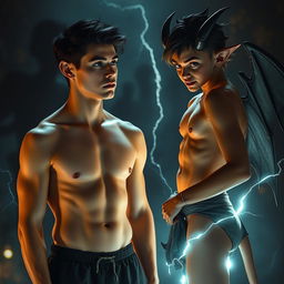 A young attractive man in minimal clothing, looking slightly surprised and intrigued, standing in a dimly lit setting