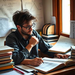 A thoughtful man sitting at a desk cluttered with math textbooks and notebooks, deep in concentration, solving complex math problems on a piece of graph paper