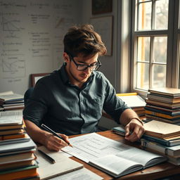 A thoughtful man sitting at a desk cluttered with math textbooks and notebooks, deep in concentration, solving complex math problems on a piece of graph paper