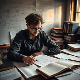 A thoughtful man sitting at a desk cluttered with math textbooks and notebooks, deep in concentration, solving complex math problems on a piece of graph paper