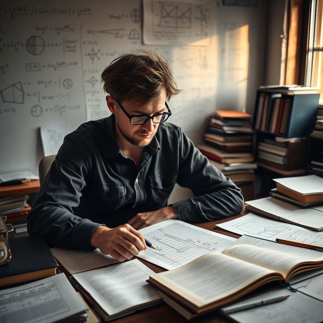 A thoughtful man sitting at a desk cluttered with math textbooks and notebooks, deep in concentration, solving complex math problems on a piece of graph paper