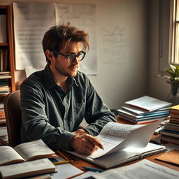 A thoughtful man sitting at a desk cluttered with math textbooks and notebooks, deep in concentration, solving complex math problems on a piece of graph paper