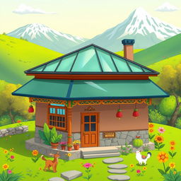 A vibrant cartoon illustration of a Nepalese house with a toughened glass roof