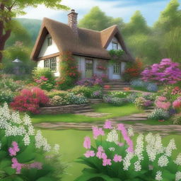 A high-quality digital art piece, showcasing an aesthetic cottage nestled amidst lush greenery