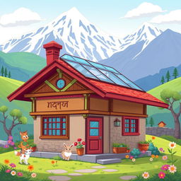 A vibrant cartoon illustration of a Nepalese house with a toughened glass roof